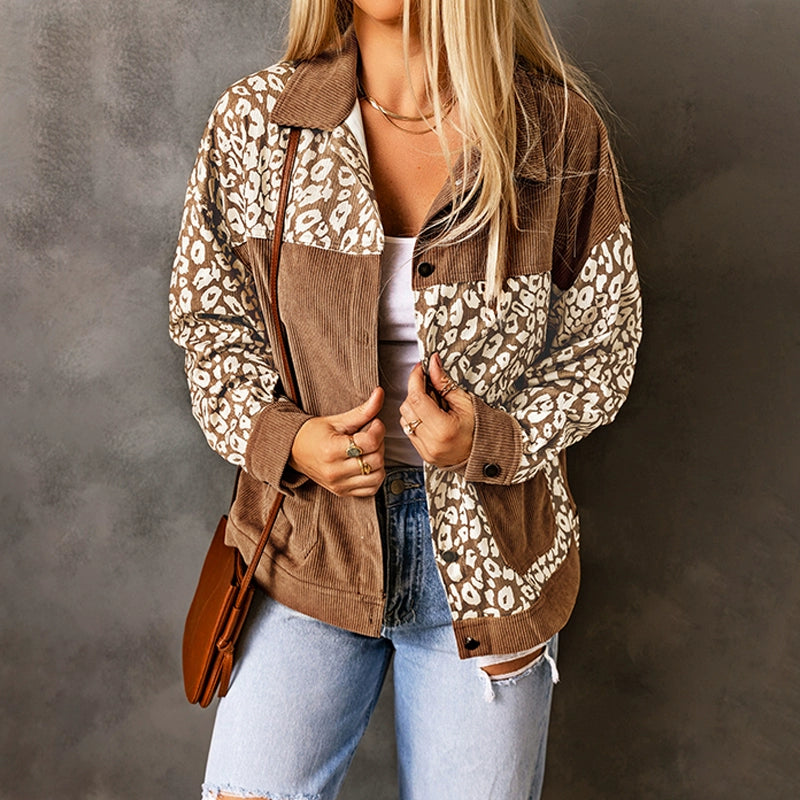 Fashion Corduroy Stylish Leopard Splicing Short Coat